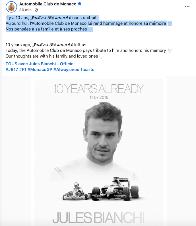 hommage à Jules Bianchi dix ans après l'accident
